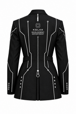 A black futuristic blazer with white circuit-like line details, a central front zipper, and 'KOLAK DEVELOPMENT DEPARTMENT' printed on the chest, shown against a plain white background.
