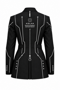 A black futuristic blazer with white circuit-like line details, a central front zipper, and 'KOLAK DEVELOPMENT DEPARTMENT' printed on the chest, shown against a plain white background.