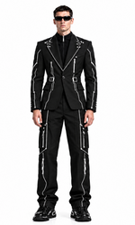 MODEL 04 — KAI · LONDON, UK — approved CIRCUIT 001 standing front/back digital concept lookbook with the original white circuit-trace suit design; not photographed physical merchandise.