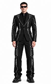 MODEL 04 — KAI · LONDON, UK — approved CIRCUIT 001 standing front/back digital concept lookbook with the original white circuit-trace suit design; not photographed physical merchandise.