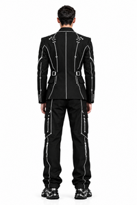 MODEL 04 — KAI · LONDON, UK — approved CIRCUIT 001 standing front/back digital concept lookbook with the original white circuit-trace suit design; not photographed physical merchandise.