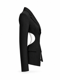Women's Circuit 001 blazer black — isolated side view on pure white background, digital design concept render.