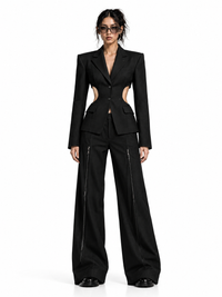 MODEL 05 — NYRA | Women's CIRCUIT 001 LOOK 01, full outfit front view highlighting Sculpt Blazer 001 against a seamless white background; digital concept render.